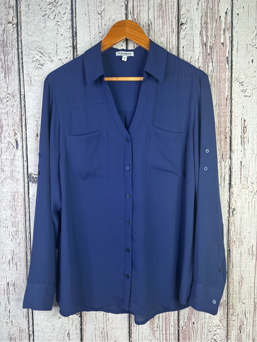 Express Portofino Shirt Size Large Navy Blue Button Down Roll Tab Sleeves Blouse